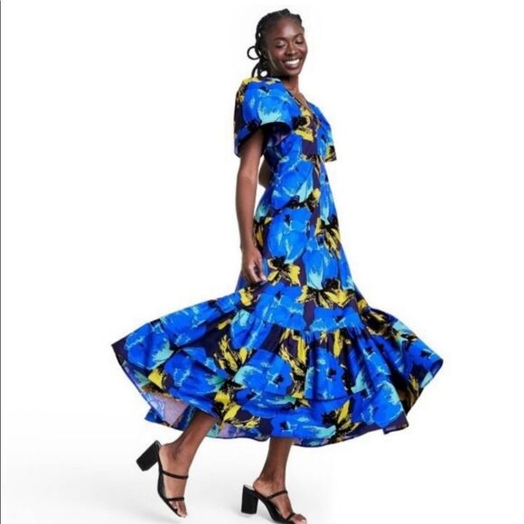 Christopher John Rodgers Blue Paradise Tiered Puff Maxi Dress Size - Picture 2 of 9